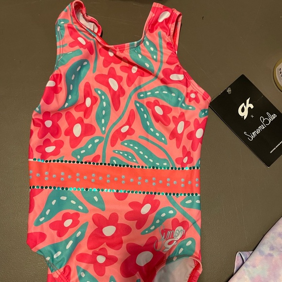 GK x Simone Biles Pink and Teal flowered pastel petals leotard - Picture 1 of 6